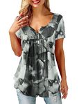 Beluring Women's Summer Tops Tie Dye Print V Neck Short Sleeve Boho Blouse Shirts Black Size 12 14