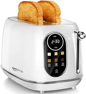 Keenstone Smart Touch Screen Toaster 2 Slice, Retro Wide Slot Stainless Steel Toaster with 6 Browning Levels, Reheat & Defrost, for Bagel, Toast, Bread, Removable Crumb Tray, White