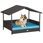 PawHut Elevated Rattan Dog House Outdoor with Canopy, Wicker Dog Bed with Water-Resistant Cushion, for Small and Medium Dogs Blue