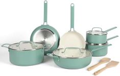 Martha Stewart Emmeline Premium Nonstick PFA Free Ceramic Interior 12 Piece Heavy Gauge Enamel Aluminum Pots and Pans Cookware Set - Teal