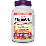 Webber Naturals Vitamin C with D3 Chewable, 500 mg of Vitamin C and 500 IU of Vitamin D Per Orange Flavour Tablet, 200 Tablets, Supports Immune Health