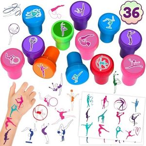 36PCS Gymnastic Party Favors 24 Tattoos Sticker 12 Stamp Set - Ideal Gymnastics Themed Birthday Decor Supplies Goodie Bag, Classroom Gifts, Cute Rewards for Girls, Baby Shower Prizes Multicolor