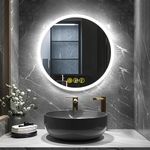 AI-LIGHTING 50cm round bathroom mirror, adjustable three-color LED lights, dimmable brightness, anti-fog design, suitable for vanities and bathrooms.