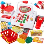 BUYGER Large Size Kids Toy Till Cash Register Toy with Scanner, Calculator, Mic, Weigh and Pop-up Drawer Play Food Toy Children Play Cashier Shopping Till Store Playset Gifts for Ages 3 4 5 Years Old