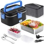 AUTOPkio Electric Lunch Box 1.8L 80W, 12V/24V/220V Upgraded Large Heated Lunchbox Heating Food Warmer with Carry Bag Fork Spoon for Car Truck Office (Black and Blue)