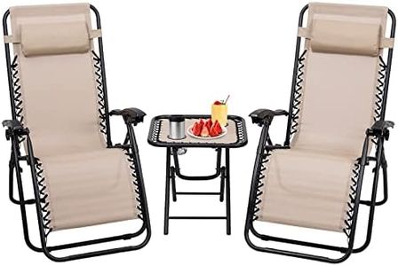 Costway 3 PCS Zero Gravity Lounge Chair Set, Outdoor Lounge Chairs w/Removable Headrest and Table w/ 2 Cup Holders, Set of 3 Adjustable Folding Lounge & Table for Balcony Yard Beach Pool (Beige)