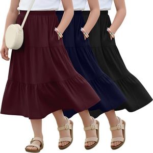 Langyiwee 3 Pack Girls' Maxi Skirts 5-16Y with Pockets Tiered Elastic Waist Long Ruffle Pleated Flowy Swing Summer Skirts(13-14 Years,Burgundy, Navy Blue, Black)