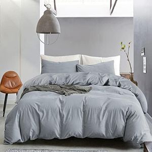 ECOCOTT Haze Blue Duvet Cover Queen Size, 3 Piece 100% Washed Cotton 1 Duvet Cover with Zipper and 2 Pillowcases, Ultra Soft and Easy Care Breathable Cozy Bedding Set(Haze Blue,Queen)