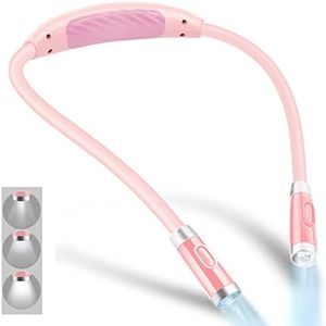 Vekkia Rechargeable LED Neck Reading Light, Book Lights for Reading in Bed, 3 Brightness Levels, Flexible Soft Silicone Arms Comfortable Wear, Long Lasting, Perfect for Craft & Knitting, Pink