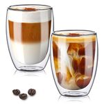 TKNO Double Walled Glass Coffee Mug Cups, Set of 2 Hollow Vacuum Sealed Cappuccino Latte Macchiato Glasses, Hand Made, Heat Resistant, Microwave Safe, 350ml Cup