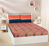 Amazon Brand - Solimo Imperial Trail 144 TC 100% Cotton Double Bedsheet with 2 Pillow Covers, Coral Pink and Deep Teal