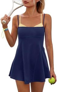 Yanekop Womens Tennis Dress with Built in Shorts and Bra Athletic Dresses Golf Outfits Spaghetti Strap Workout Dress(Navy Blue Yellow,M)