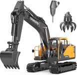 DOUBLE E Volvo 1:16 RC Excavator Toy,3 in 1 Construction Toys, 360°Rotation,Toys Digger with Metal Shovel Drill Grab RC Construction Vehicles for Kids Adults