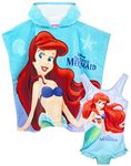 Disney Girls Swimsuit The Little Mermaid & Hooded Towel Poncho | Kids Ariel, Sebastian & Flounder Towelling Robe | Childrens Swimming Costume