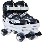 Jaspo Scud Adjustable Quad Roller Skates with LED Wheels,Ideal for Beginners and Intermediates, Indoor/Outdoor Use, Illuminating PU Wheels ( All Age Groups)Black (L) unisex_youth, roller_derby_wheel