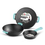 Bergner Eco Cast Iron 3 Pcs Cookware Set - 24cm Kadai, 19cm Frypan, 30cm Dosa Tawa, Cast Iron Kitchen Cooking Combo Pots Set, Pre-Seasoned Finishing, Even Heat Distribution, Hand Wash Recommended