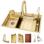 Gold Large Kitchen Bar Sink,Waterfall Single Bowl Sink, Slide-and-Dine Workstation,with Knob Drainage and Accessories (Size : 75x45x22cm)