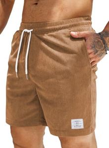 JMIERR Men's Corduroy Shorts Casual Elastic Waist Drawstring Lightweight Summer Beach Shorts US 32 (Small) Camel