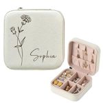 Personalised Jewellery Box Gifts for Women Custom Birthday Travel Jewellery Box Gifts with Birth Flower Leather Jewellery Organiser with Any Name for Christmas Her Wife Daughter Friends Nanny(White)