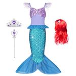 AOOWU Girls Mermaid Costume, Princess Mermaid Dress Set with Wig Crown and Magic Wand, Little Mermaid Princess Costumes Fancy Dress Up for Girl Halloween Cosplay Carnival Mermaid Sequin Outfit