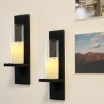 16" Black Wooden and Glass Wall Sconces Candle Holders Set of 2…