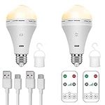 USB Rechargeable Light Bulb with Remote Control, 2600mAh Battery Powered Light Bulbs E26 Touch Control Dimmable LED Bulb with Timer, Outdoor Emergency Bulb with Hook,3000K/2 Pack