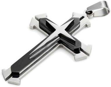 Urban Jewelry Mens Polished 316L Stainless Steel Star Cross Necklace Pendant - Black & Silver, 21 Inch Chain
