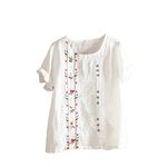 Keepink Linen Tops for Women UK Plus Size 8-22 Elegant Tunic Tops Floral Embroidered Blouse Ladies Oversized T-Shirt Summer Casual Short Sleeve Loose Tee Shirts Going Out T Shirts Sale