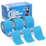 SUPERBE Precut Kinesiology Tapes (3 Rolls Pack), Sports Tape Muscle Tape for Pain Relief, Muscle Support, Recovery and Physio Therapy (Blue)