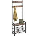 Ballucci 3-in-1 Coat Rack Shoe Bench and Hall Tree Entryway Organizer Storage Shelf, Free Standing Wood with 9 Metal Hooks and Steel Frame - Rustic Brown