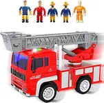 FUNERICA Fire Truck Toy with Lights, Sounds, Sirens, Extendable Ladder, Friction Wheels, 5 Firemen, Firefighter Figures - Red Mini Firetruck Engine for Toddlers, Kids, Boys, Girls Ages 3-7