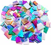 PALJOLLY Iridescent Mosaic Glass Pieces Stained Glass Sheet Scraps for Crafts, Mosaic Tiles Supplies Kit, Variety of Rainbow Iridized Colors and Shapes, 35oz Value Pack