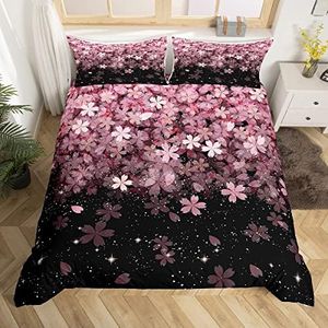 Loussiesd Pink Flower Bedding Set Twin Size Cherry Blossom Petals Decor Black Duvet Cover Set 2 Pieces for Kids Girls Teens and Adults Soft Microbifer Polyester Comforter Cover with Zipper Closure