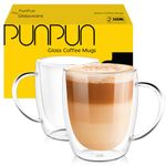 PunPun Coffee Cups Clear Coffee Mugs, Espresso Cups,Double Wall Glass Coffee Mugs with Big Handle, Clear Mugs,Perfect Glass Mugs for Hot Beverages, Latte, Cappuccinos.(380ml/Set of 2)