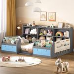 AOGLLATI Twin Floor Bed Frame for Kids, Wooden Montessori Bed Frame for Toddlers with Storage Shelves,Sides Bookshelves,Safety Guardrail & 6 Fabric Drawers, No Box Spring Needed, Without Slats, Grey