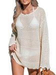 CUPSHE Women's Swimsuit Cover Up Bathing Suit Crochet Summer Swimwear Knit Pullover Beach Dress Off-White L