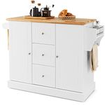 COSTWAY Large Kitchen Island on Hidden Wheels, Rolling Storage Trolley Cart with Rubber Wood Countertop, 3 Drawers, 2 Cabinets & Adjustable Shelf, Serving Utility Organiser Cabinet,127x46x92cm (White)