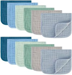 MIGIOL Muslin Burp Cloths 100% Cotton Pack of 12. Soft, Gentle & Absorbent Baby Burp Cloths for Baby Girl & Boys.(Blue & Green 12 Pieces)