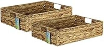 Shallow Rectangular Water Hyacinth baskets. Natural baskets light colour and with grey edges. Open trays for storage of paper, toys or books and magazines (2 x 47cm, Natural)