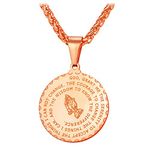 Rose Gold Plated Praying Hands Coin Medal Pendant Necklace with Wheat Chain