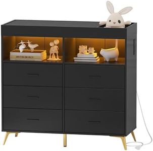 Babevy Changing Table Dresser with Drawers, Baby Dresser with Changing Table Top, Power Outlet, LED Light & Metal Feet, Diaper Changing Station Nursery Organizer for Infants Newborn, Black