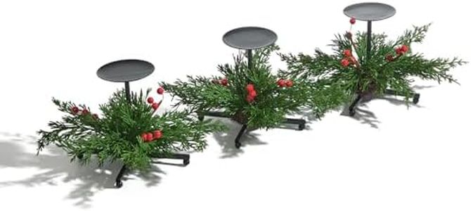 Heleze 3 Pack Christmas Candle Holder, Black Iron Candle Tray Holders with Faux Cedar Red Berries, 7.1 Inch Decorative Metal Stand for Table Centerpiece Mantle Xmas Decor