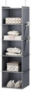 YOUDENOVA Hanging Storage 5 Shelves Wardrobe Storage Organiser Foldable Hanging Shelves with Side Pockets Closet Organiser for Clothes Grey