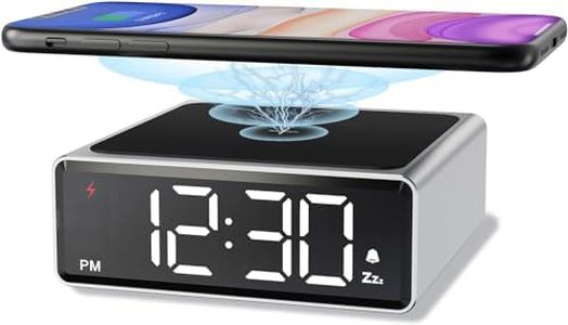 RigWig Stylish Metal Alarm Clock with Qi Wireless Charging - Clear Digital LED Display with 4 Brightness 12/24H Snooze for Bedroom Bedside Office, Compatible with iPhone, Samsung, Android (Silver)