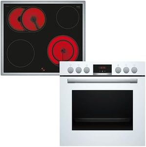 Bosch HND411LW63, Einbau-Herd-Set, Einbau-Herd 60 cm, HEA513BS3, Serie 4, 3D Heißluft, Einfache Bedienung, Weiß & Elektro-Kochfeld 60 cm, NKN645GA2E, Serie 4, Herdgesteuert, 21cm Kochzone, Mit Rahmen