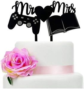 Mr & Mrs Wedding Cake Topper with Gamepad and Book, Romantic Style Wedding Cake Topper, Creativity Wedding Cake Topper, Black Silhouette Cake Topper（Book）