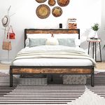 Diolong Queen Bed Frame with Wood Headboard and Charging Station, Platform Bed Frame Queen Size with Storage Shelf, Heavy Duty/Mattress Foundation/No Box Spring Needed/Vintage Brown