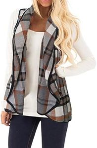 YACUN Women Plaid Vest Lapel Open Front Sleeveless Jacket Outerwear Cardigan with Pockets Greybrown XXL