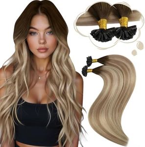 Moresoo K Tip Hair Extensions Human Hair Balayage Dark Brown to Light Brown with Golden Blonde U Tip Hair Extensions Remy Hair for Women 50G/50S 22 Inch