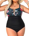 Yonique Women Plus Size One Piece Swimsuits Tummy Control Bathing Suits Vintage Swimwear, Black Floral, Medium